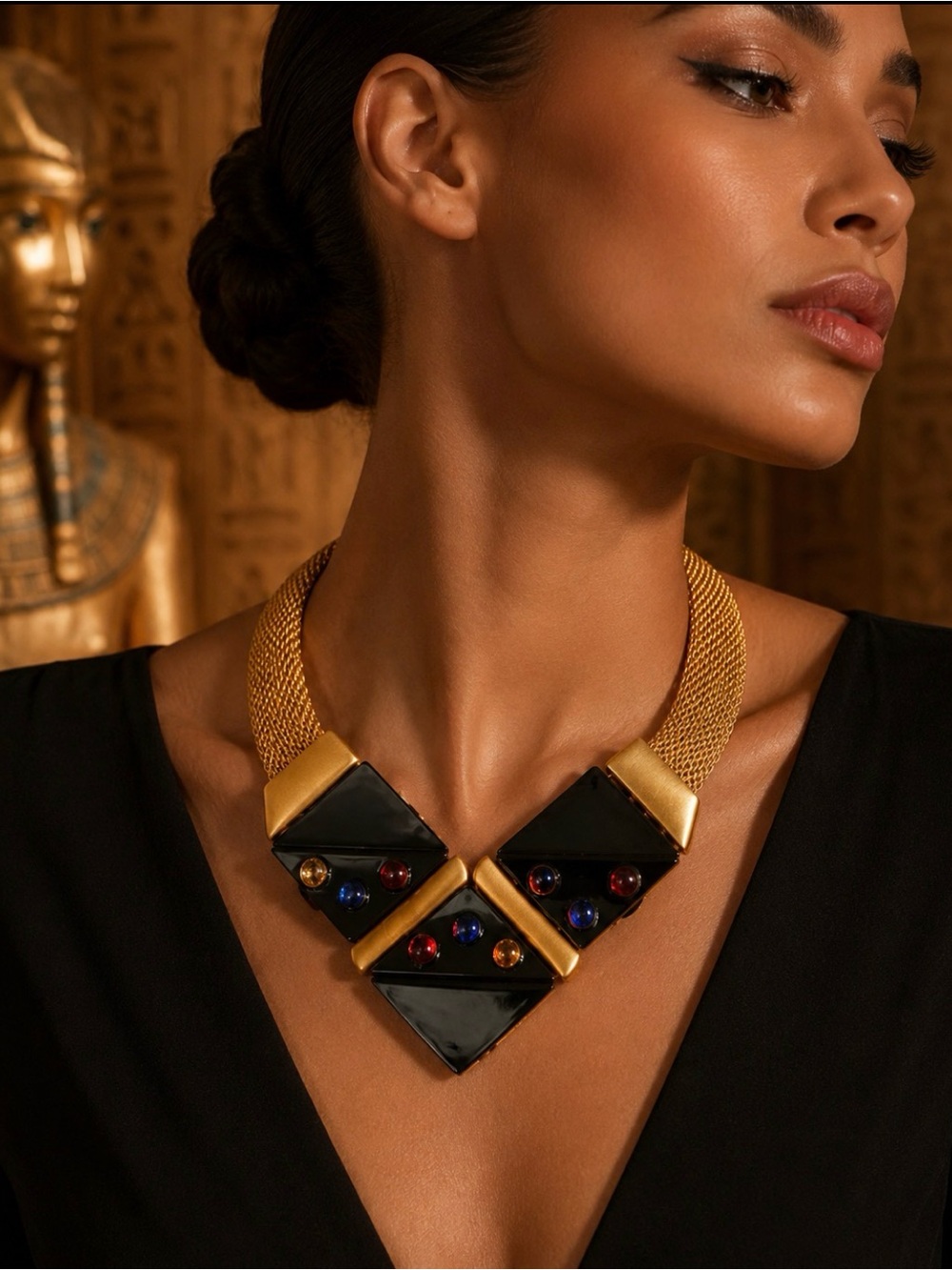 Vintage Egyptian Revival Gold Tone Mesh StatementNecklace Multicolor Gem Accents